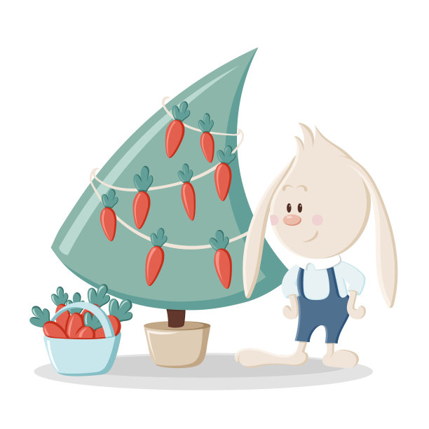 可爱的兔子用胡萝卜装饰圣诞树。圣诞节，新年和复活节彩色矢量插图横幅，卡片和产品设计。卡通风格的兔子集合。图片下载