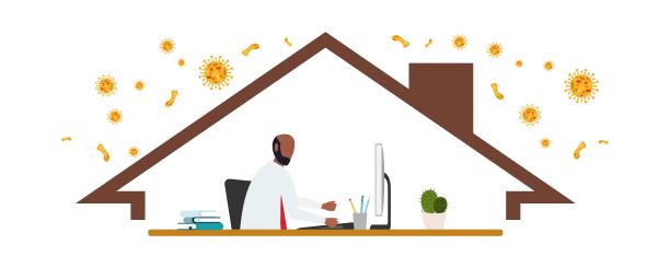 COVID-19防范冠状病毒感染，防范隔离或经营风险。在家里工作。向量。图片下载