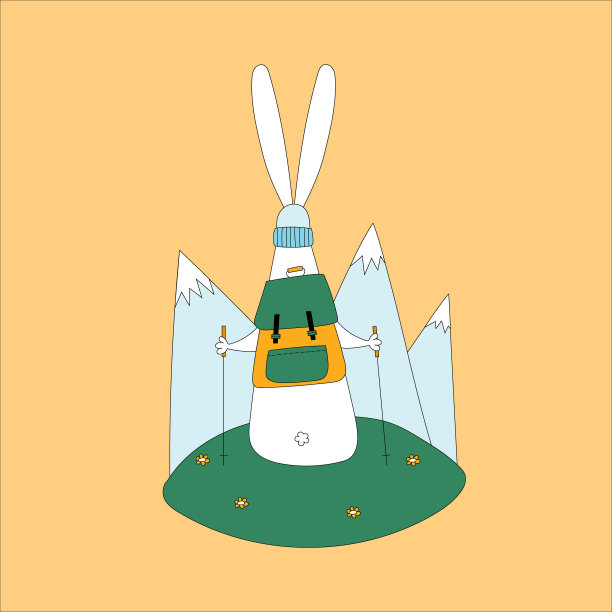 兔子是2023年的象征。兔子背着背包在山上。徒步旅行、运动。日历模板。图片下载