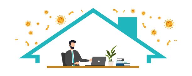 COVID-19防范冠状病毒感染，防范隔离或经营风险。在家里工作。向量。图片下载
