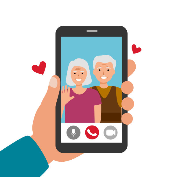家庭视频电话的智能手机在白色背景的平面设计。手机屏幕上的爷爷和奶奶。图片下载