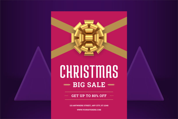 粉色时尚圣诞促销传单模板金色蝴蝶结丝带礼品设计逼真的3d图标矢量图片下载