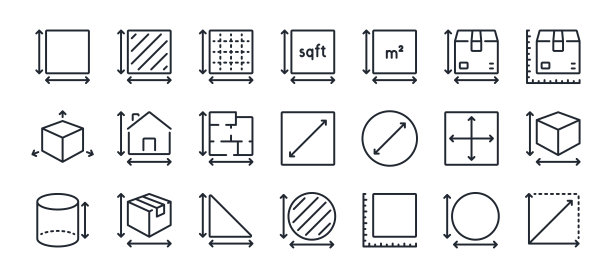 尺寸，面积和周长测量概念可编辑描边轮廓图标集孤立在白色背景平面矢量插图。像素完美。64 x 64。图片下载