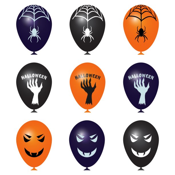万圣节的一套气球。逼真的黑色，橙色，紫色的球与蜘蛛网，铭文和文字，手，阴险的脸图片下载