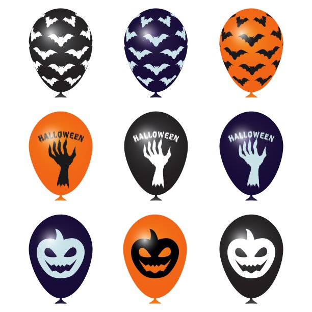 万圣节的一套气球。逼真的黑色、橙色、紫色球和球棒，一个铭文和文字，一只手，一个南瓜图片下载