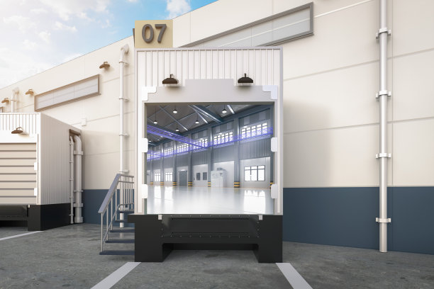 仓库外部有卷帘门和卡车停车场图片下载