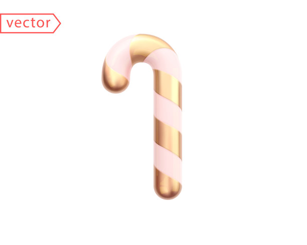 金色拐杖糖圣诞装饰。金色和白色螺旋糖果3D图标在光泽卡通风格。物体被隔离在白色背景上。矢量图图片下载