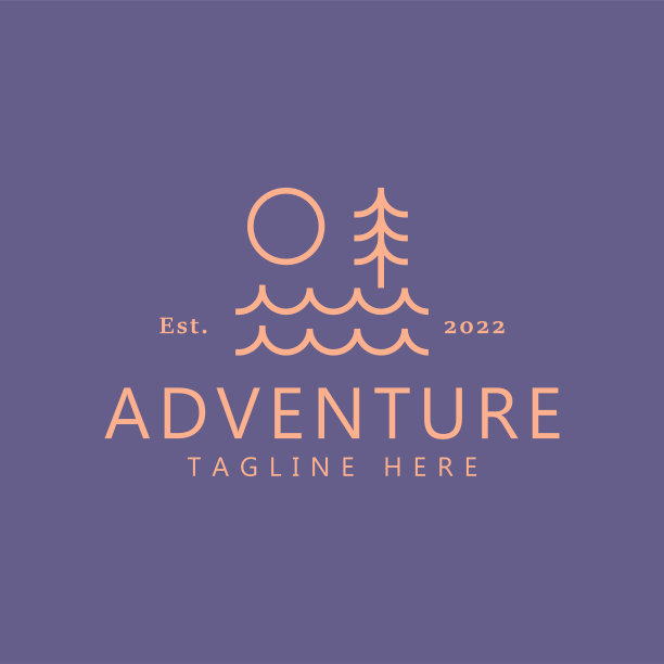 简单的插图轮廓风格的自然创造生活概念符号标志徽章。海、松、太阳和旅程。图片下载