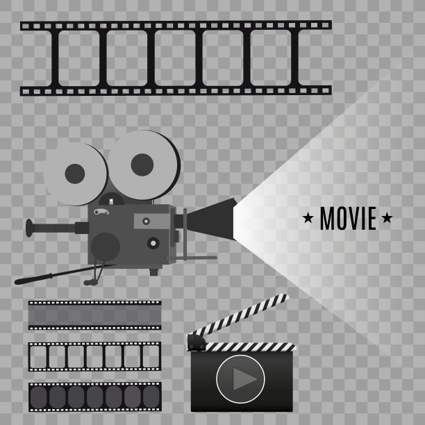 电影摄影机，矢量插图。安装在透明背景上。电影院的设备。图片下载