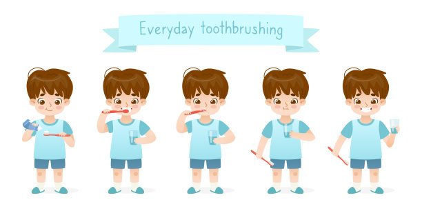 每天用卡通小男孩刷牙。儿童牙齿卫生。可爱的孩子刷牙。图片下载