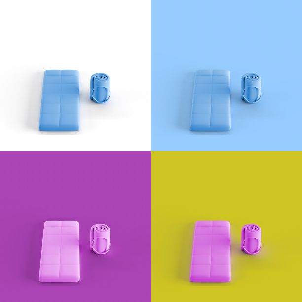 波普艺术拼贴的3D渲染瑜伽垫与它的包孤立的彩色背景图片下载