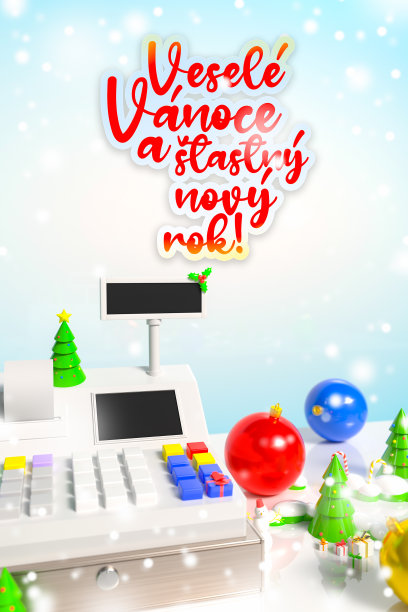 背景:收银机周围是圣诞树和装饰，上面写着捷克语的“圣诞快乐，新年快乐”。以节日为主题的模板在商店和零售图片下载