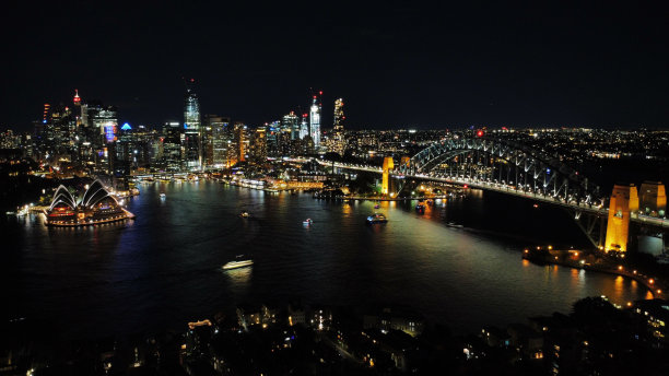 无人机拍摄的悉尼海港大桥和夜晚悉尼城市的天际线，澳大利亚图片下载