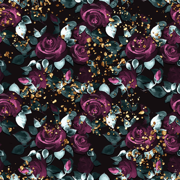 美丽盛开的玫瑰在黑色的背景。无缝花图案与黄金闪光。图片下载