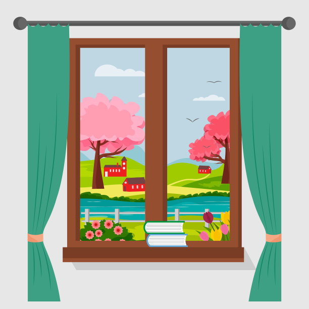 春天的乡村风景。从窗口可以看到村舍和河流、树木、花朵和小山。图片下载