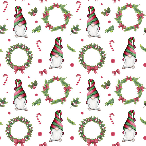 水彩无缝圣诞图案与侏儒，冷杉树，花环，冷杉树枝，糖果和冬青图片下载