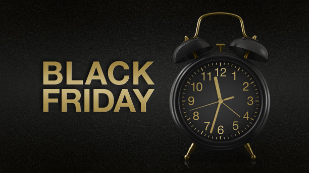 闹钟与黑色星期五金色文字隔离在黑色背景，标志门票礼品卡，促销或广告横幅，出售的时间，购物和节省。带有复制空间的传单模板图片下载