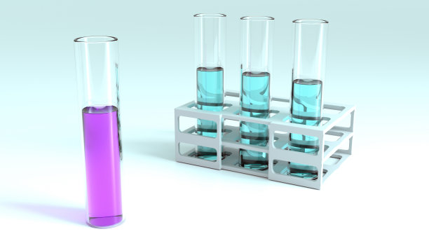实验室试管与蓝色液体在管架。图片下载