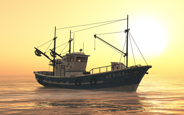 日落时分在公海上的拖网渔船图片下载