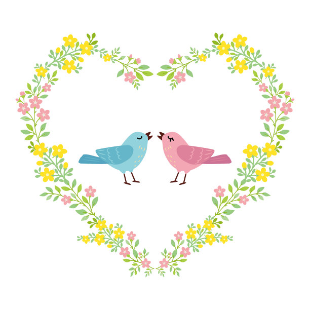 心形花框与爱情鸟图片下载