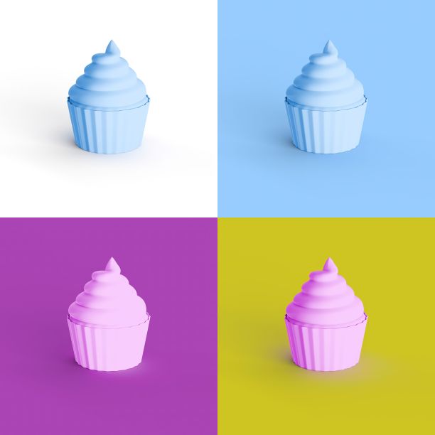 拼贴的3D渲染纸杯蛋糕在四种不同的充满活力的颜色图片下载
