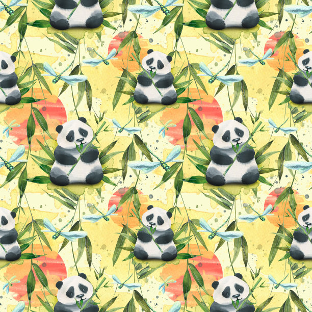 可爱的熊猫在明亮的红色和橙色的竹林背景下，东方的太阳。水彩插图。无缝模式从竹子设置。用于织物，墙纸和纺织品。图片下载