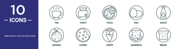 早餐集合。图标轮廓图标集包括细线茶，披萨，酱汁，饼干，三明治，面包，橙色的图标报告，演示，图表，网页设计图片下载