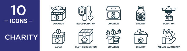 慈善轮廓图标集包括细线捐赠，捐赠，捐赠，衣服慈善，动物避难所，天课图标报告，演示，图表，网页设计图片下载