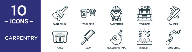 木工轮廓图标集包括细线油漆刷，木匠，卡尺，锯子，钻头，手钻，钉子图标报告，演示，图表，网页设计图片下载