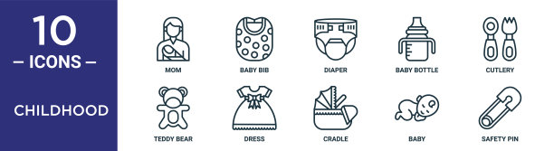 童年轮廓图标集包括细线妈妈，尿布，餐具，衣服，婴儿，安全别针，泰迪熊图标报告，演示，图表，网页设计图片下载