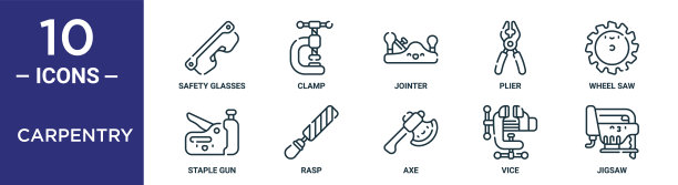 木工轮廓图标集包括细线安全眼镜，jointer，轮锯，锉刀，副，拼图，钉枪图标报告，演示，图表，网页设计图片下载