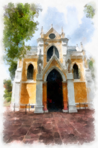 风景黄色古哥特式建筑古教堂水彩风格插画印象派绘画。图片下载