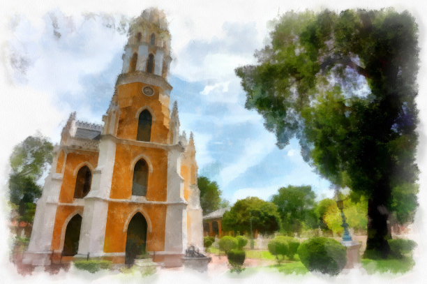 风景黄色古哥特式建筑古教堂水彩风格插画印象派绘画。图片下载