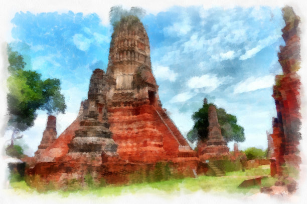 世界遗产大城府古遗址景观水彩画印象派绘画。图片下载