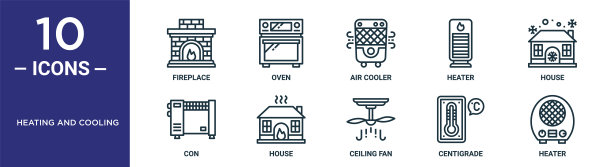 加热和冷却轮廓图标集包括细线壁炉，空气冷却器，房子，房子，摄氏温度，加热器，con图标报告，演示，图表，网页设计图片下载