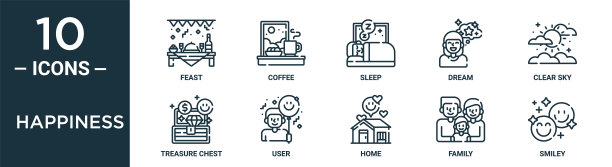 幸福轮廓图标集包括细线盛宴，睡眠，晴空，用户，家庭，笑脸，宝箱图标报告，演示，图表，网页设计图片下载