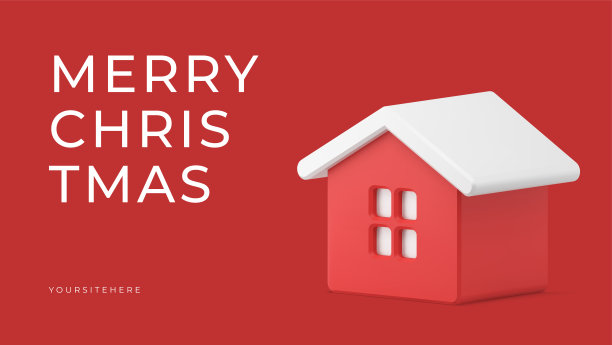 新年快乐和圣诞快乐红色祝贺横幅与舒适的冬季小屋3d图标矢量图片下载