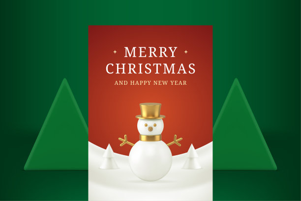 经典红白圣诞贺卡雪人和云杉逼真的3d图标矢量图片下载