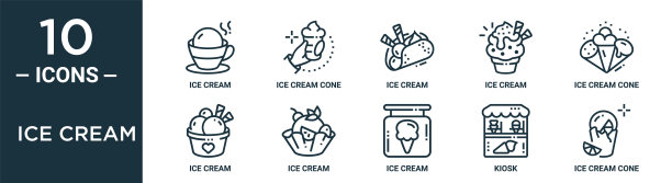 冰淇淋轮廓图标集包括细线冰淇淋，冰淇淋，锥体，报亭，锥体，报告的图标，演示，图表，网页设计图片下载