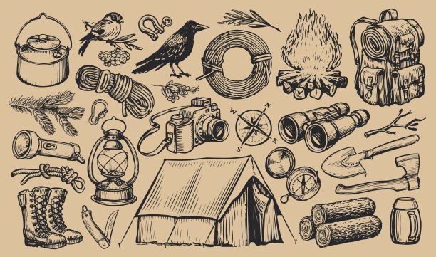 露营设备设置。夏令营的收藏。积极度假或当地旅游理念。的素描向量图片下载