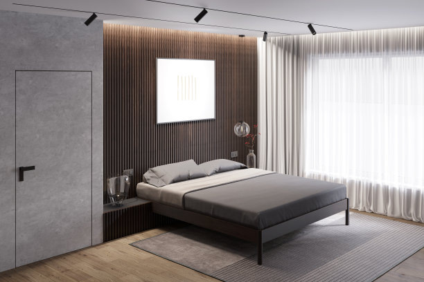 黑色极简主义风格的卧室，深色木墙上挂着一幅卧式海报，灰色亚麻布床旁边的床头柜上放着一盏玻璃灯，一扇带灰色窗帘的大窗户，一扇嵌壁式门。图片下载