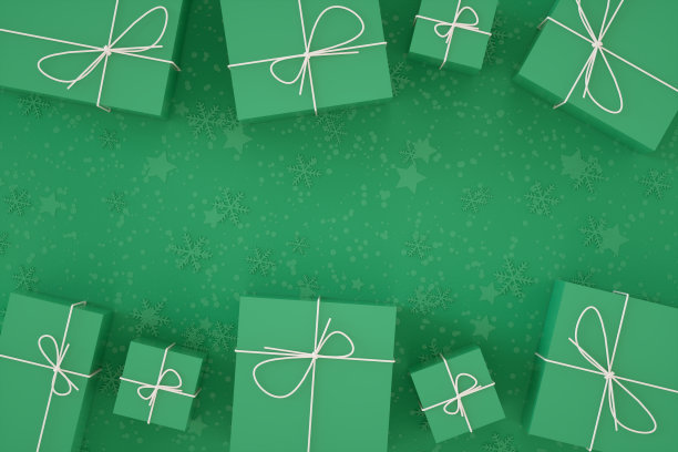 绿色背景的新年，圣诞节礼品盒和装饰品图片下载