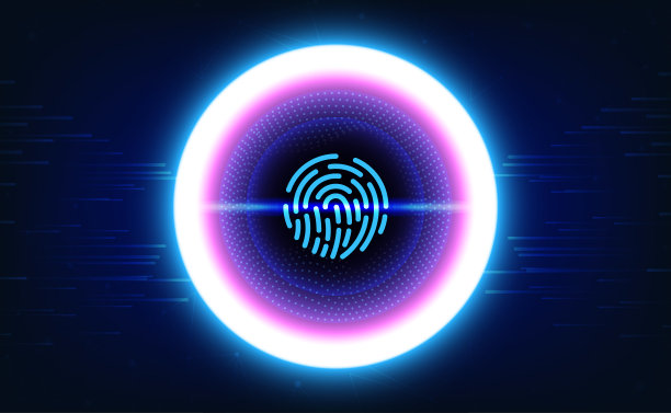 数字技术指纹扫描仪蓝色背景，网络安全访问隐私，抽象技术创新未来数据，犯罪黑客大数据安全，网络连接安全，插图矢量图片下载