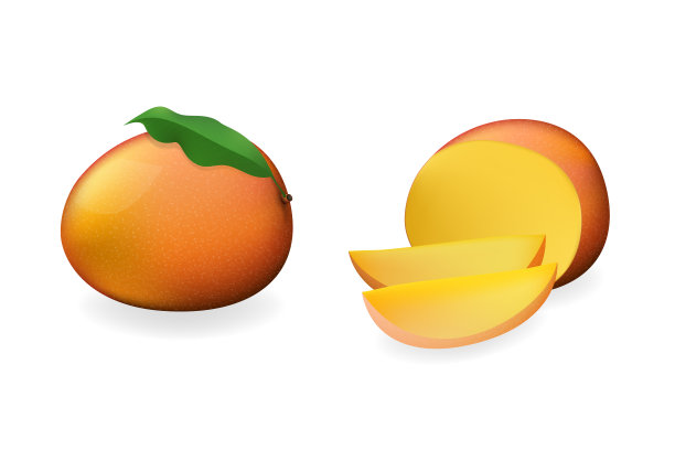 成熟的橙子芒果，整的，半的和切片的。图片下载