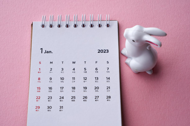 彩色日历背景与玩具兔子，2023年兔年图片下载