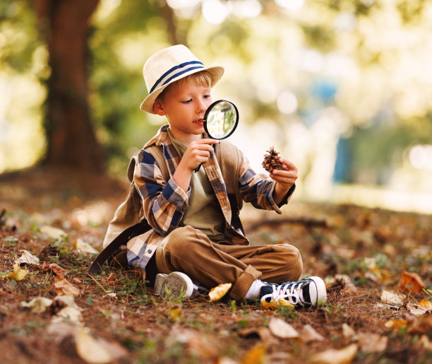 快乐快乐的男孩拿着放大镜在大自然中研究夏天的环境图片下载