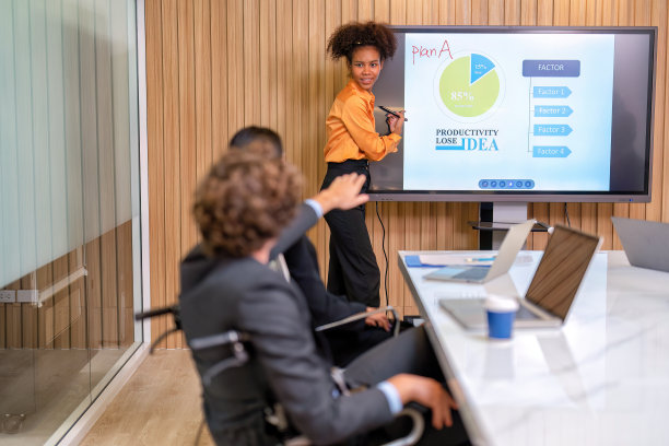 一组创业的同事在办公室的会议室工作，一个员工站在大屏幕演示电视旁边，向团队解释商业计划图片下载