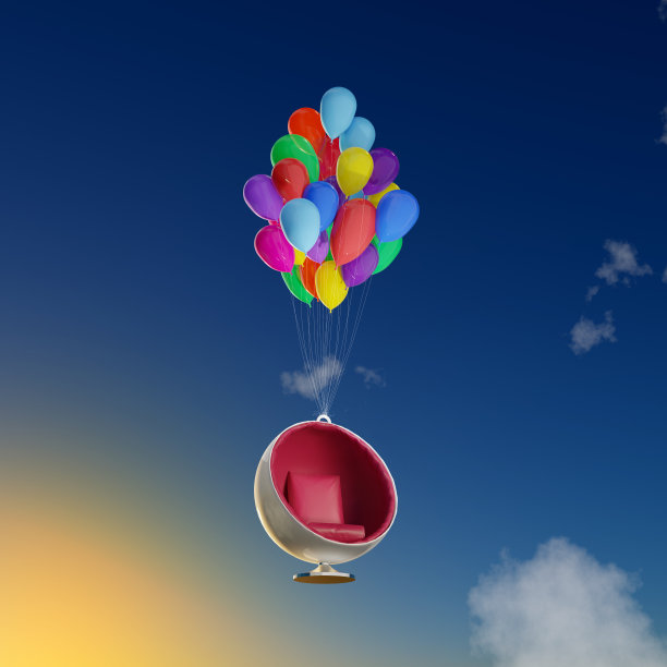 球椅在空中与氦气球飞行- 3D插图图片下载