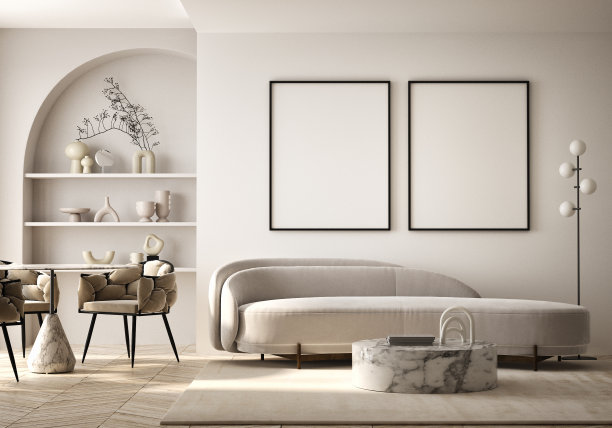 模拟海报框架在现代室内背景，客厅，斯堪的纳维亚风格，3D渲染，3D插画图片下载