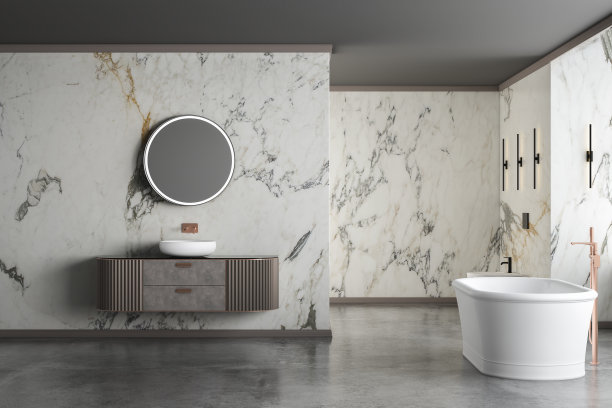 现代豪华浴室，白色大理石墙壁，浴缸，混凝土地板，室内植物，厕所，坐浴盆，前视图。漂亮的房间，有现代化的家具和窗户。三维渲染图片下载